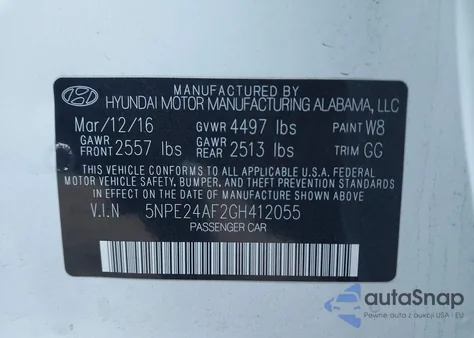 2016 Hyundai Sonata Se z USA, uszkodzony, nr VIN 5NPE24AF2GH412055